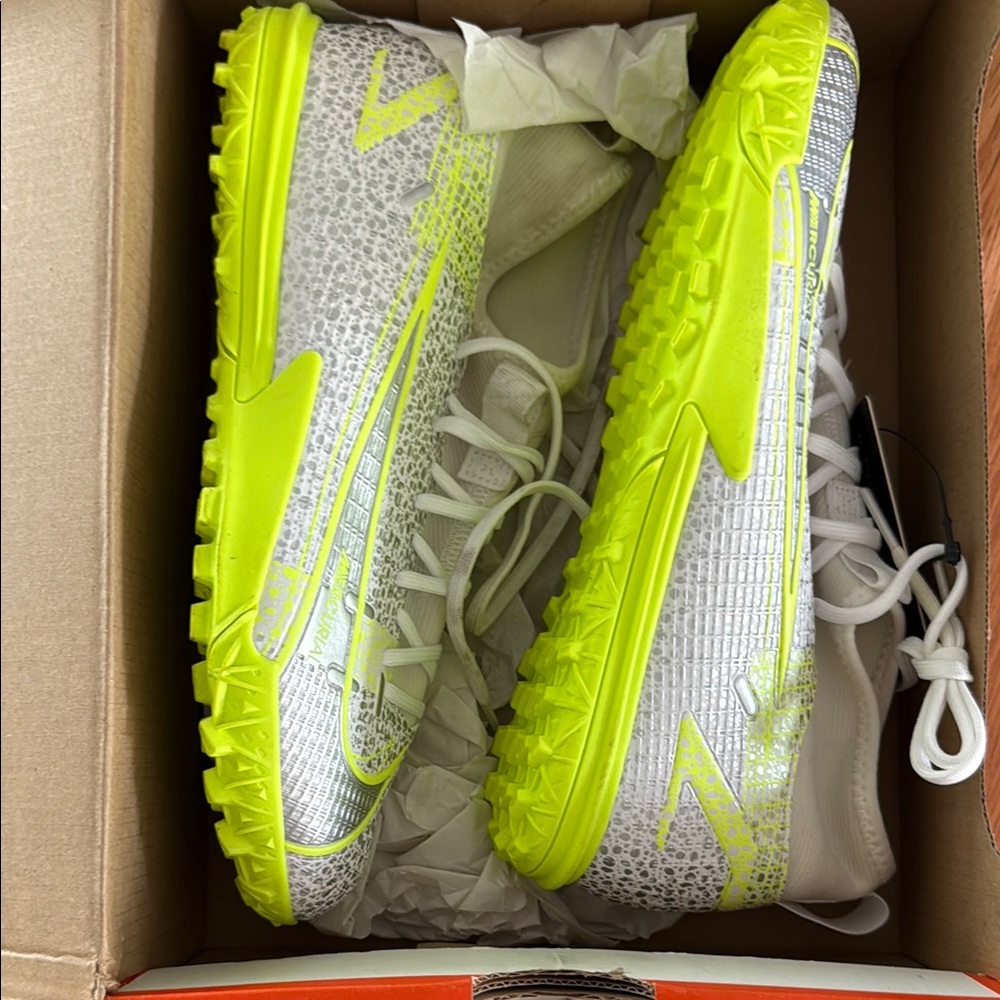 Nike White and Neon Yellow Soccer Turf Shoes 5Y